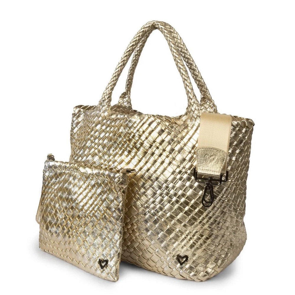 Luxurious Gold Woven Tote with Matching Clutch